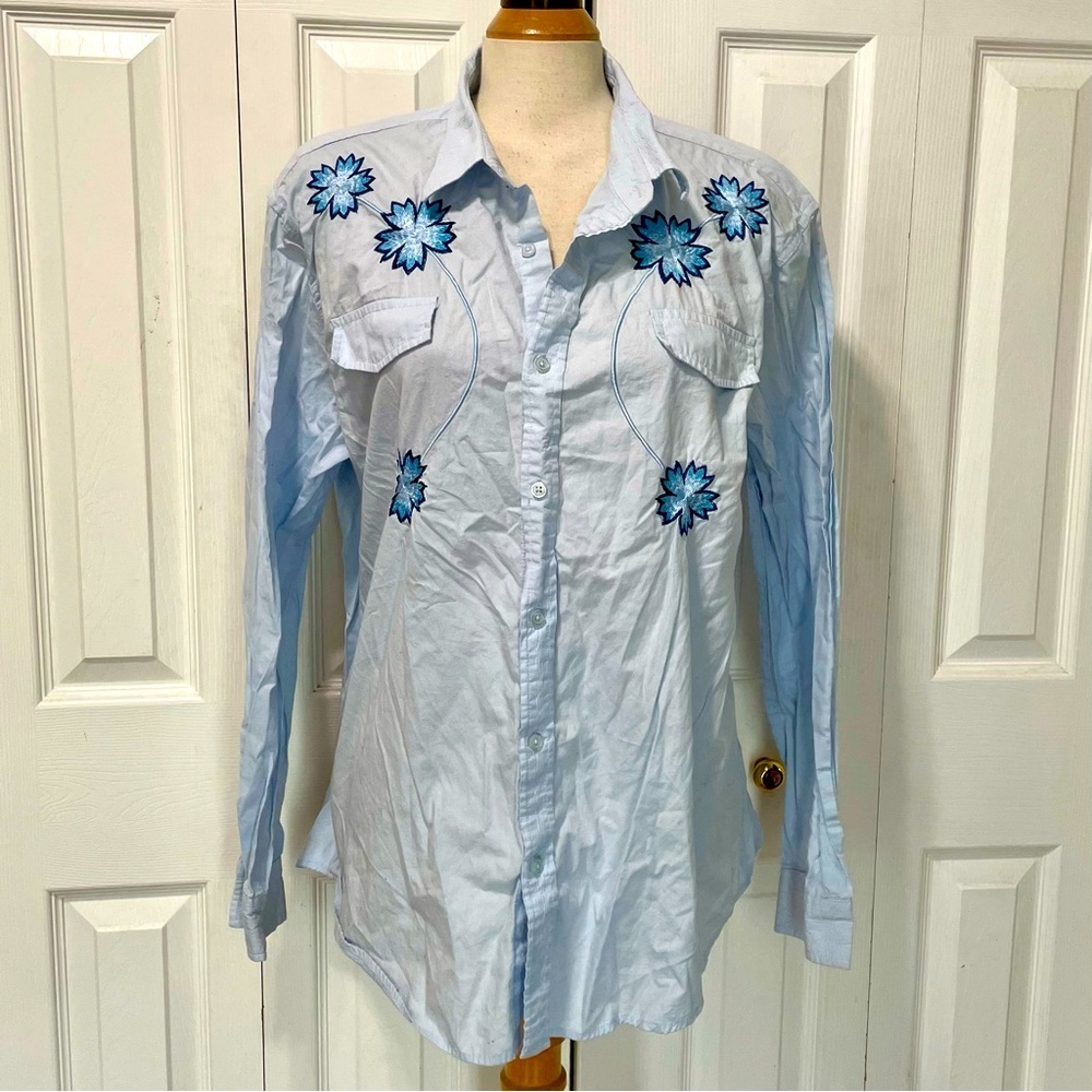 Light Blue Floral Embroidered 100% Cotton Button-Up Shirt